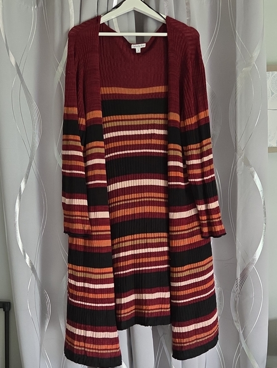 Ophelia Roe Sweaters - Ophelia Roe Open Front Striped Cardigan Wrap in Burgundy 3X